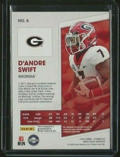 D'Andre Swift 2020 Panini Chronicles Absolute Auto #d /25 RC Detroit Lions  - Afbeelding 2 van 2
