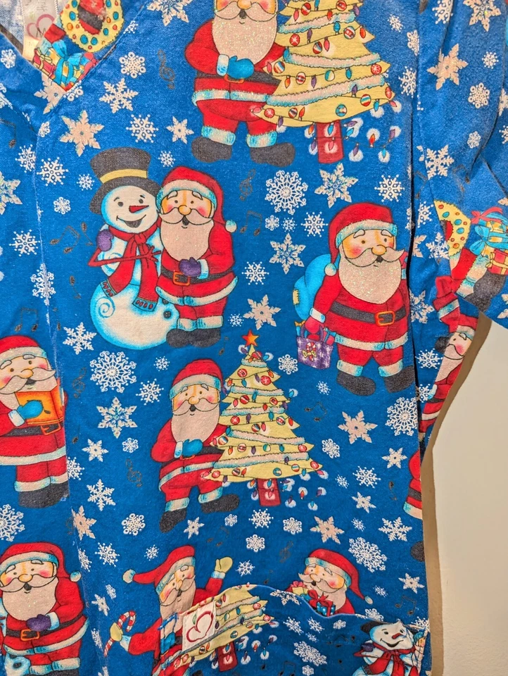 Peaches Uniform Scrub Top M Christmas Santa Trees Sparkles Blue - Image 3 of 4