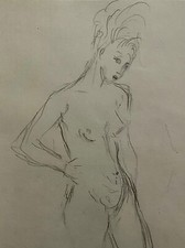 Dessin original de  Katherine LIBROWICZ (1912-1991) Crayon de Nu Curiosa