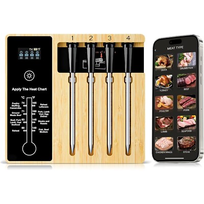 Wireless Meat Thermometer for Grilling 4 Probes, Remote Bluetooth Digital Thermo