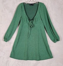 ASOS Gingham Babydoll Smock Dress Green Black Button Long Sleeve Sz 8 EUC