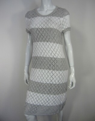 NEIMAN MARCUS NWT SHORT SLEEVE KNIT DRESS SIZE M MEDIUM CROCHET WHITE GRAY