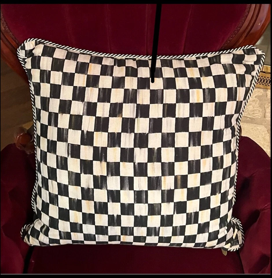 MacKenzie-Childs Scottish Ram Accent Pillow Beaded Flowers B&W Checker Plaid - Image 2 of 4