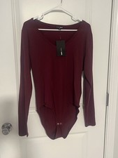 NWT Fashion Nova V-Neck Layering Long Sleeve Bodysuit Size 1X - Wine