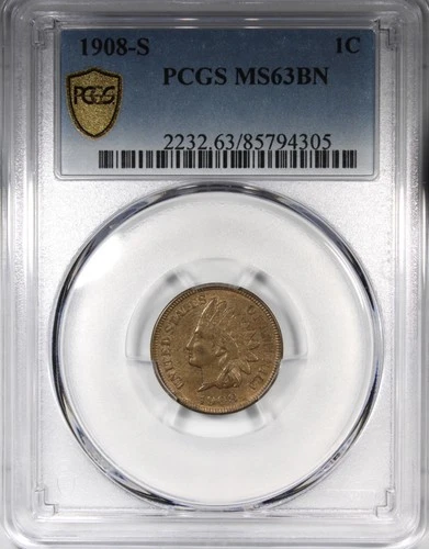 1908-S Indian Head Cent PCGS MS63BN Uncirculated Key Date 1C