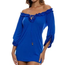 NWOT LULI FAMA Dress XS”Cosita-Buena”Royal-Blue Gold-Metal-Logo-Tassel Bow Rufle