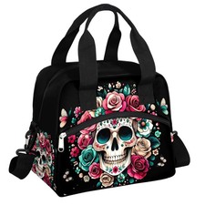 Bolsa de almuerzo fresca con flores de calavera para mujeres hombres calavera gótica aislada refrigerador grande B...