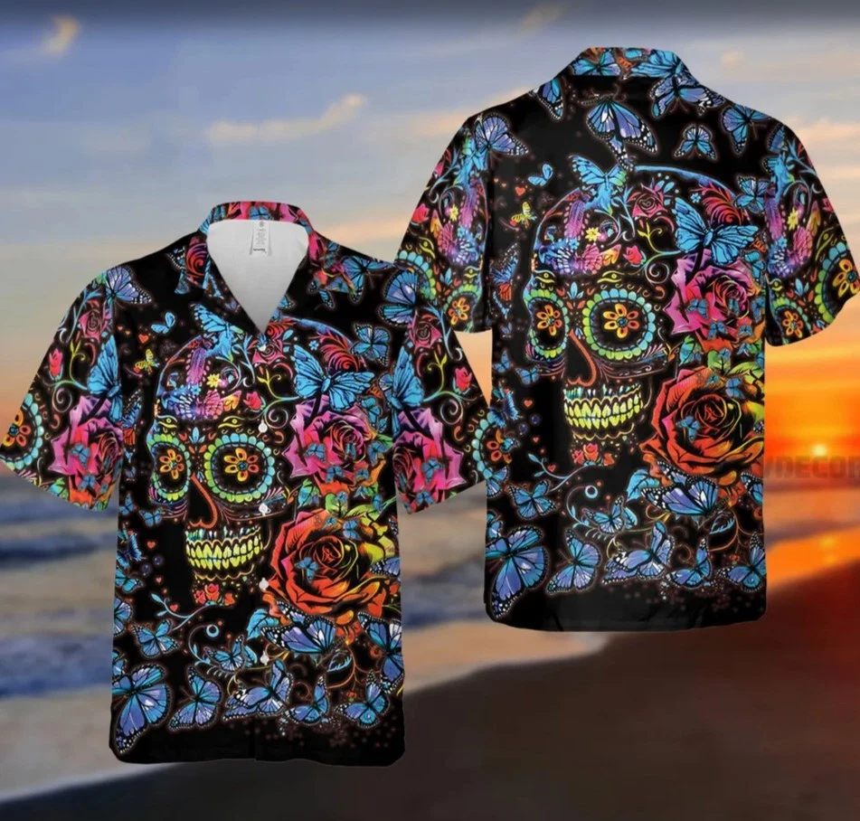 Skull Floral Pattern Hawaiian Shirt, Skull Lovers Summer Shirt