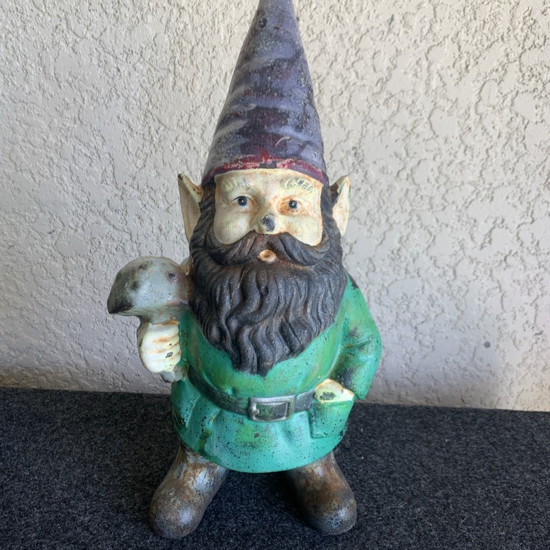 Vintage Garden Gnome 14.75”, Cast Iron, Holding Mushroom & other Hand in Pocket