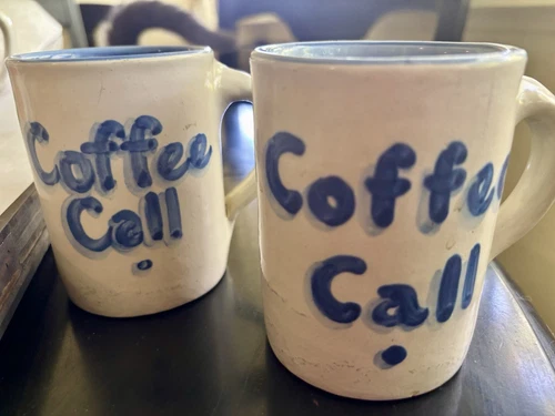(2)  Vintage M.A. Hadley COFFEE CALL Mug Cup Art Pottery THE END