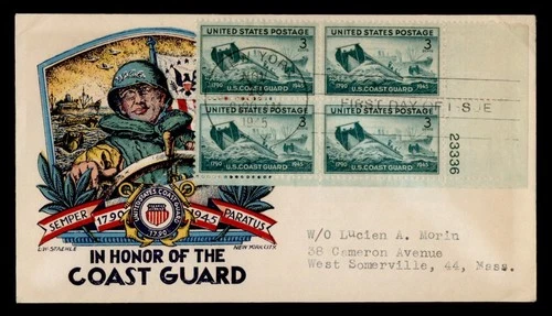 DR WHO 1945 FDC COAST GUARD PLATE BLOCK STAEHLE WWII PATRIOTIC CACHET M75128