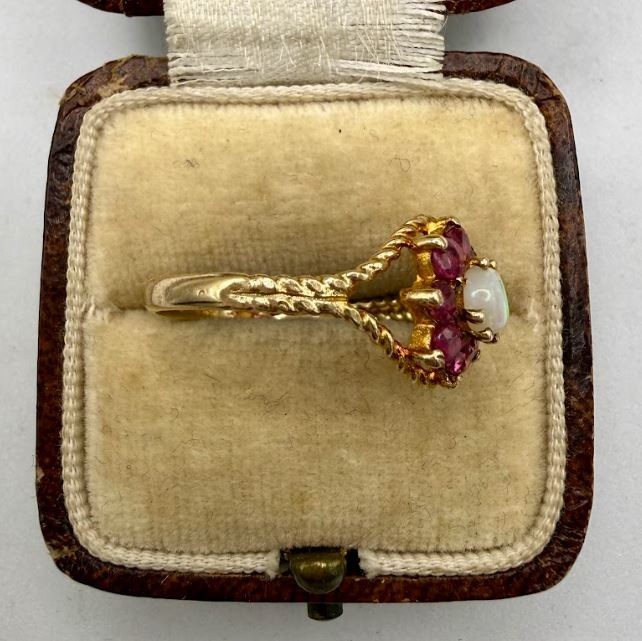 Vintage 9k Solid Yellow Gold Ruby Opal Flower Clu… - image 7