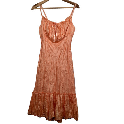 Vintage Y2K Dunamis Dress Small Peach Satin Crinkled Embroidered Fairy Whimsical