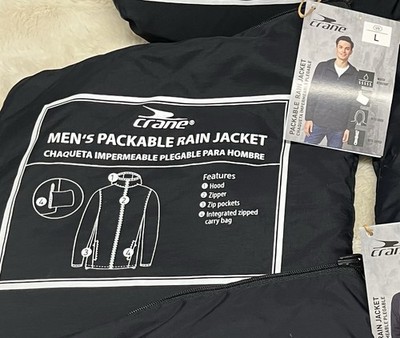 Crane Men's Packable Rain Jacket Black Hooded Water Resistant Zip Pockets L
