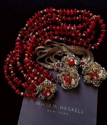 MIRIAM HASKELL 40'S 3-PC SET RED CÔTELÉ GRIPOIX BEADS ICE ROSE MONTÉE GILT BRASS