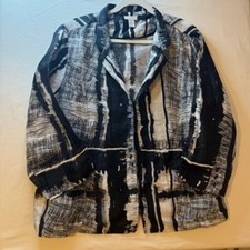 Chicos Linen Blend Abstract Lagenlook Mature Blazer Cardigan Art to Wear Office