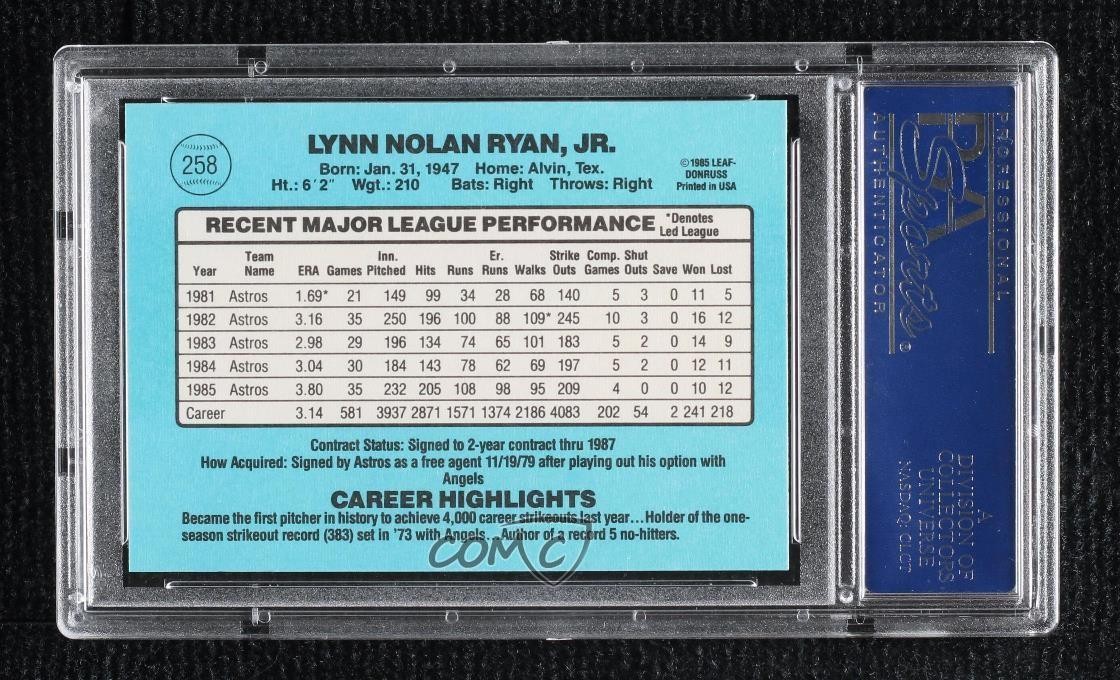 1986 Donruss Nolan Ryan #258 PSA 9 MINT HOF view 2