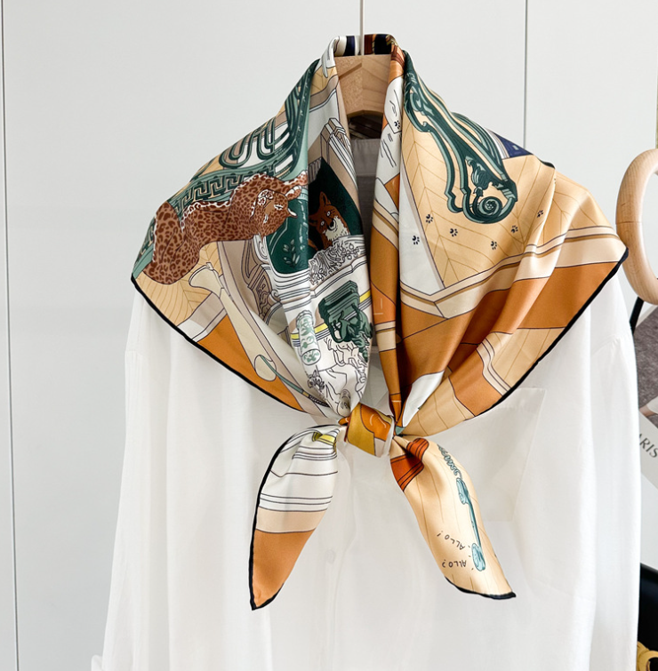 Pure 14 Momme Orange Room Print Silk Scarf 88x88cm Wrap Shawl Bandanna