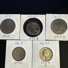 Lot of (5) Silver US Coins 1909, 1917, 1945, 1964, 1979