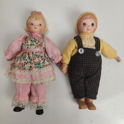 VTG Victoria Impex Corp 1980's Brother & Sister w/ Goodies 7'' Porcelain Dolls