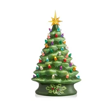 15" Pre-Lit Hand Painted Green Ceramic Christmas Tree Tabletop Decor with Lights