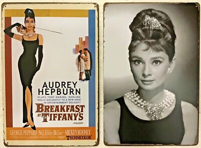 TWO 8x12 TIN SIGNS Audrey Hepburn breakfast Tiffany s movie Peppard Rooney 381