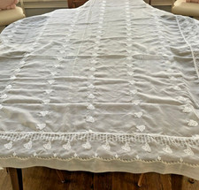 White Synthetic Roses 126" x 136" Large Tablecloth A Few Minor Stains and Fading