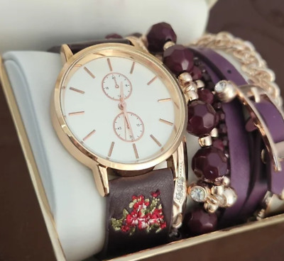 JESSICA CARLYLE LADIES QUARTZ PURPLE GOLD-TONE WATCH 34 MM BRACELET SET NIB