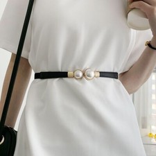 Faux Pearl Thin Waistband - 1.5cm PU Leather Belt Elastic Casual Style Fashion