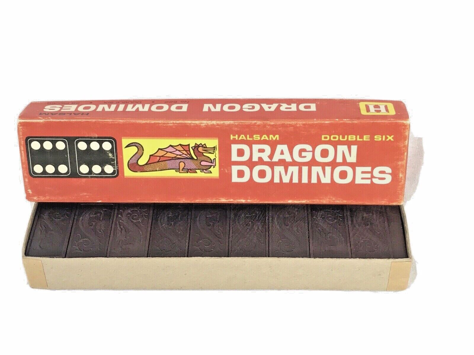 Vtg Dragon Dominoes Halsam Double 6 Origina box 28 pieces Playskool 622 train