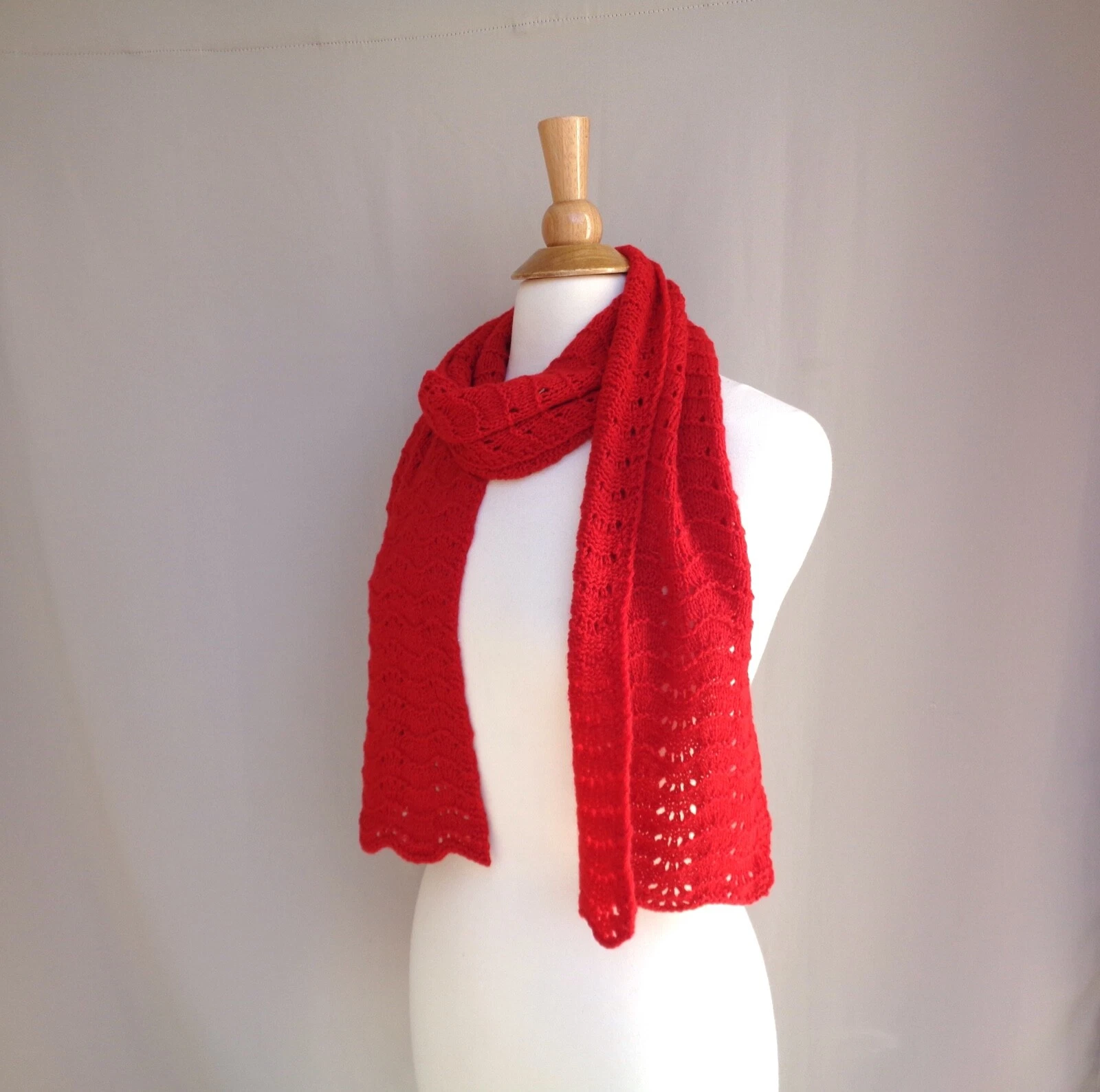 Red Cashmere Scarf Lightweight Lace Hand Knit Luxury Natural Fiber Elegant Woman