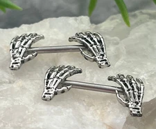 PAIR Nipple Shields Skull Hand Ends Body Jewelry Surgical Steel Barbell Rings