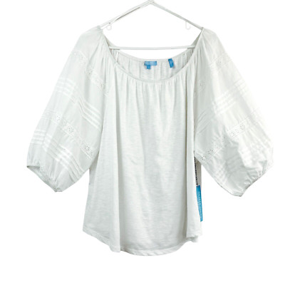 DRAPER JAMES Womens  L White RSVP Embroidered Mix Media Top Eyelet Sleeves NWT