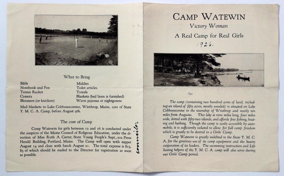 1926 Brochure CAMP WATEWIN Real Girls Lake Cobbosseecontee Winthrop