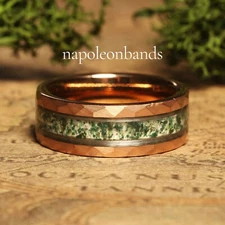 8mm Green Moss Agate Rose Gold Hammered Tungsten Ring Men’s Wedding Band