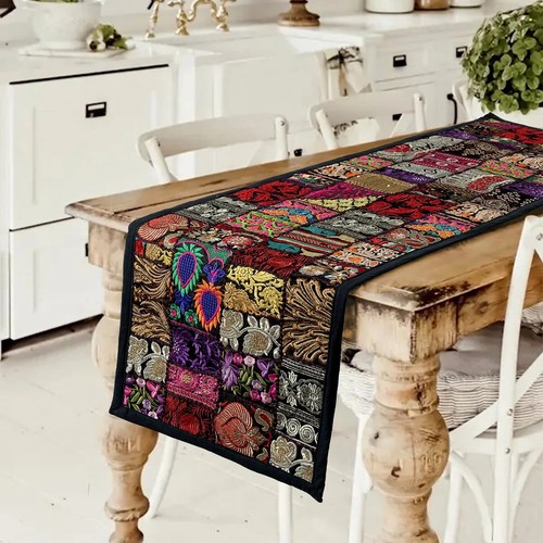 Indian Cotton Patchwork Table Runner Embroidered Dining Black Table Tapestry - Picture 4 of 4