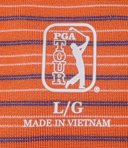 PGA Tour Polo Shirt Mens Large Orange Blue Striped 100% Polyester Golf Logo - Picture 3 of 4