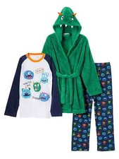 Toddler Boys Plush Green Monster Hoodie Bath Robe Pajamas Sleepwear Set