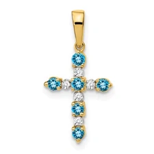 14k Yellow Gold Blue Topaz and Diamond Cross Pendant L-22mm, W-11mm Mother Gift