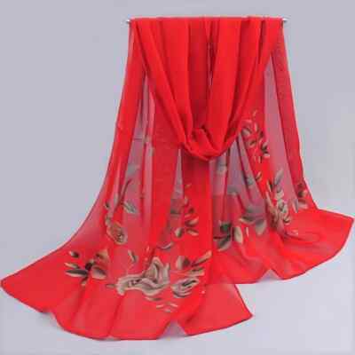 Biege Roses Flower Print Red Thin Chiffon Polyester 60'' x 19'' Satin Scarf