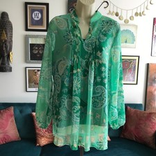 SUSAN GRAVER size S Sheer Green Paisley Chiffon Tunic Top  Liquid Knit Tank Top