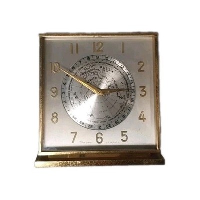 Vintage Bucherer / Imhof  Worldtime 8 Day Desk Clock Swiss Made Brass Flat Earth