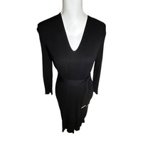 CALVIN KLEIN Dress L Black Ribbed Knit Belted Gold Accent V-Neck Sweater NWT