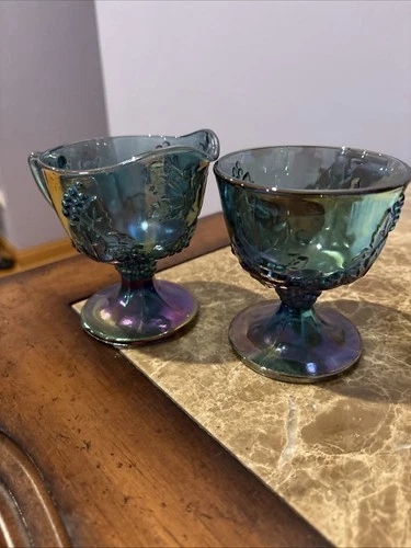 Vintage Indiana Carnival Glass Blue Harvest Grape Sugar & Creamer Set