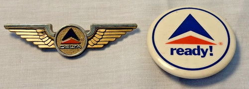 Delta Airlines Ready! 80s VTG 1.75" Pinback Button & Plastic Pilot Wings