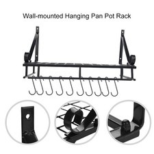 Hanging Pan Pot Rack Wall Mounted w/10 Hook Holders Kitchen Storage Organizer