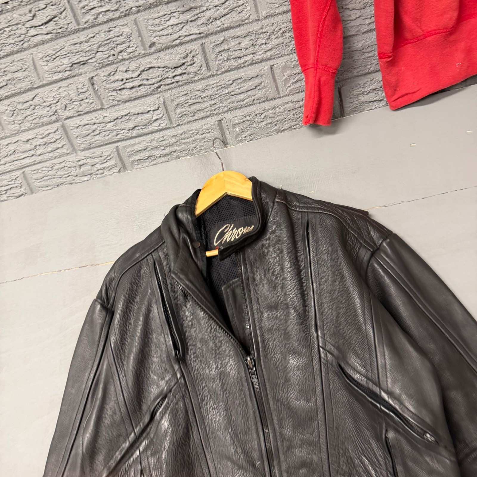Chrome Gear Black Leather Motorcycle Jacket Biker Moto Zip U