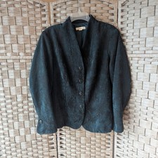 Coldwater Creek Blazer Teal Black Floral Jacquard Mandarin Collar Sz L Artsy