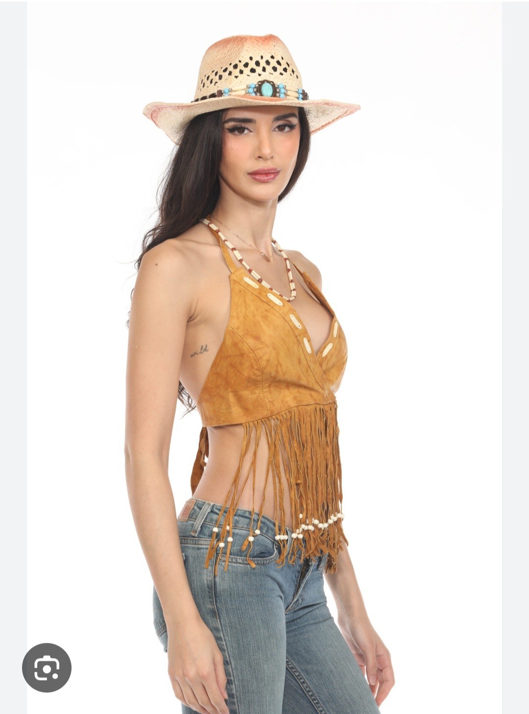 Whiskey Ray's Boutique Tan Suede Leather Beaded Fringe V-Neck Halter Top L