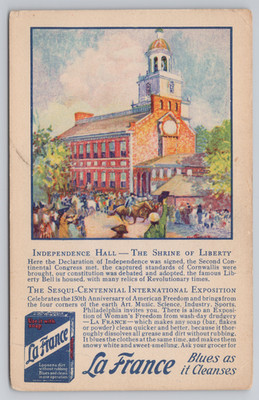 Sesqui Centennial Exposition Independence Hall La France Advertising Postcard